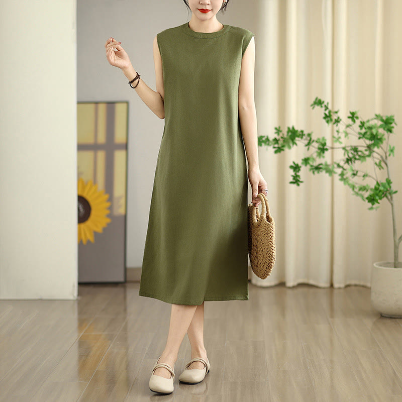Breathable Cotton Linen Sleeveless Grounding Midi Dress