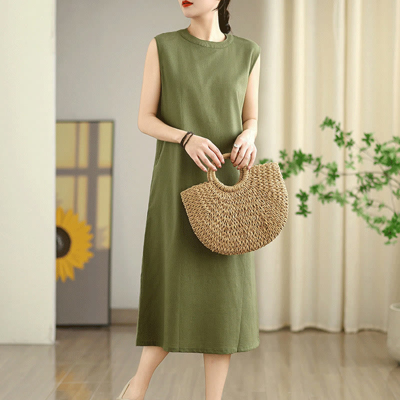 Breathable Cotton Linen Sleeveless Grounding Midi Dress