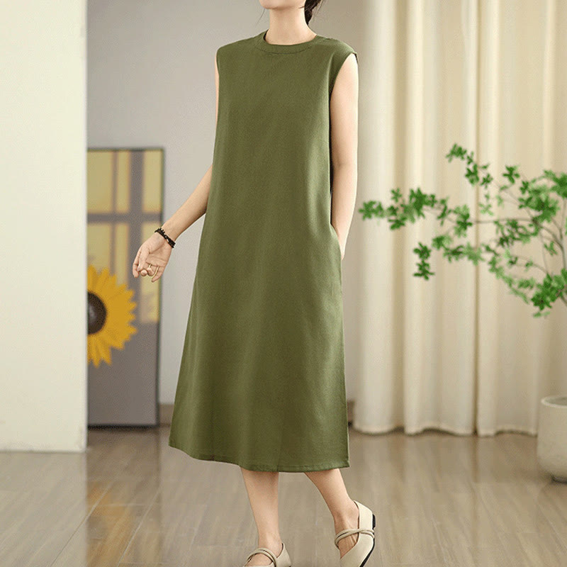 Breathable Cotton Linen Sleeveless Grounding Midi Dress