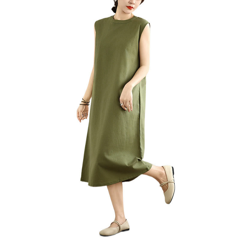Breathable Cotton Linen Sleeveless Grounding Midi Dress