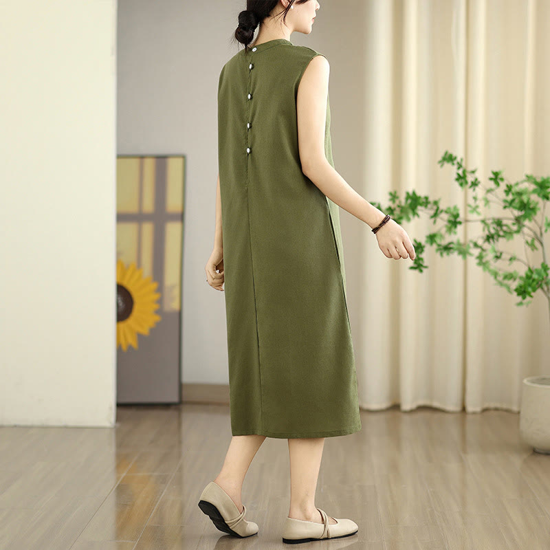 Breathable Cotton Linen Sleeveless Grounding Midi Dress