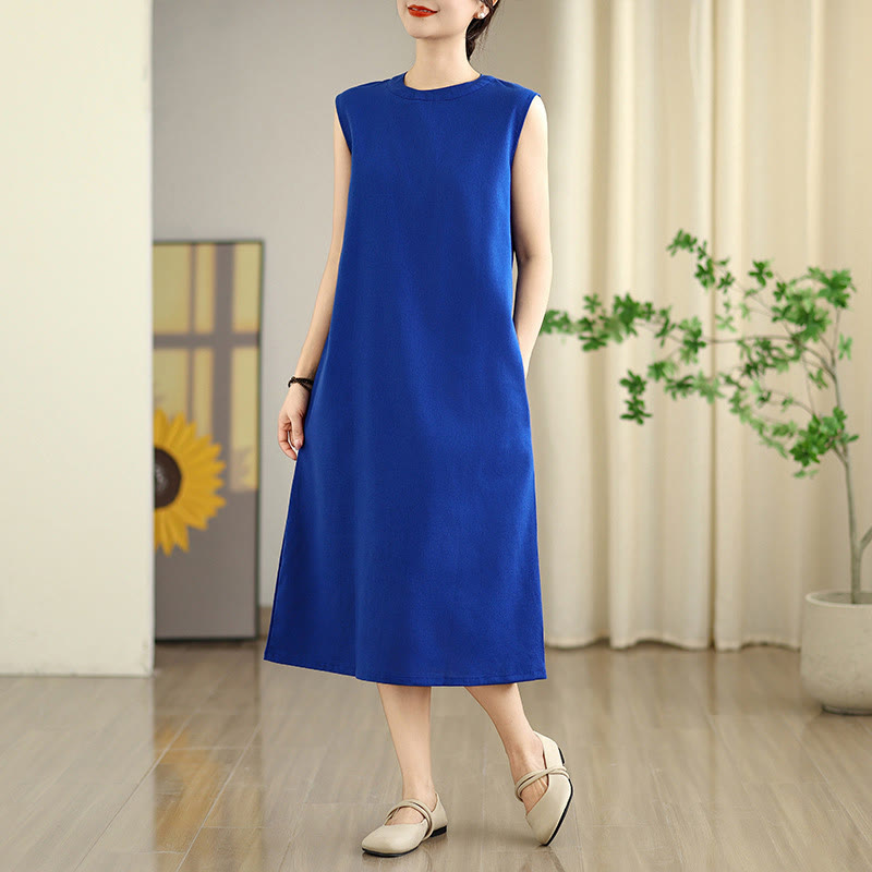 Breathable Cotton Linen Sleeveless Grounding Midi Dress