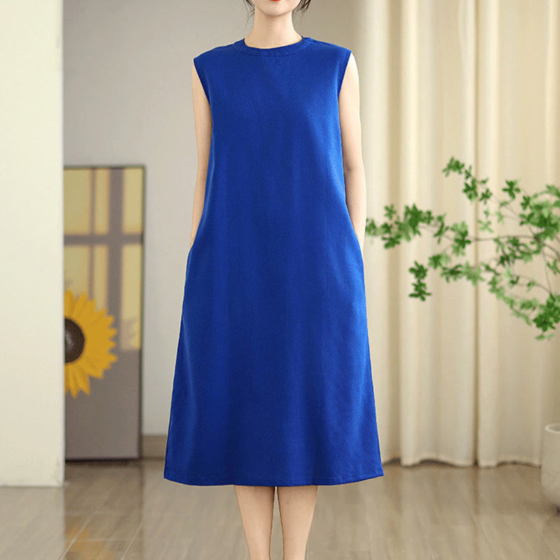 Breathable Cotton Linen Sleeveless Grounding Midi Dress