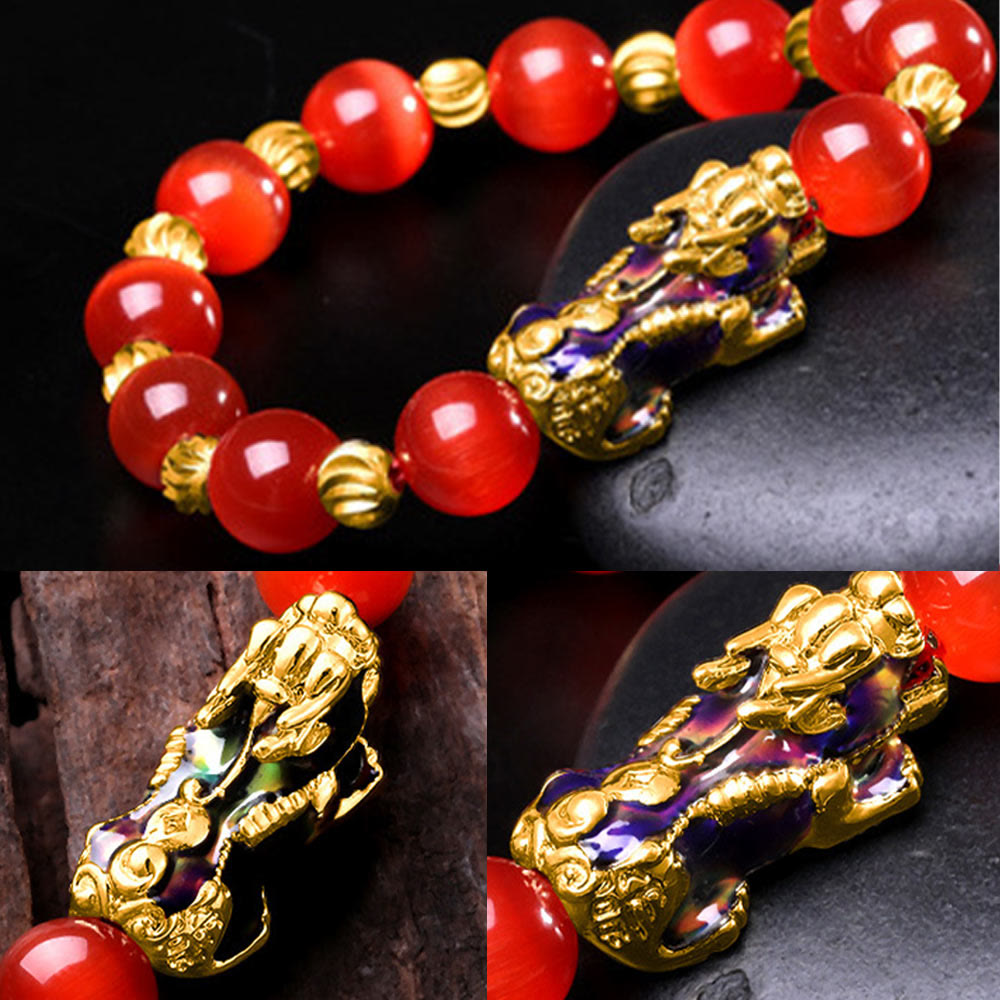 Color-Changing Cat's Eye and Copper Pixiu 10mm Beaded Bracelet