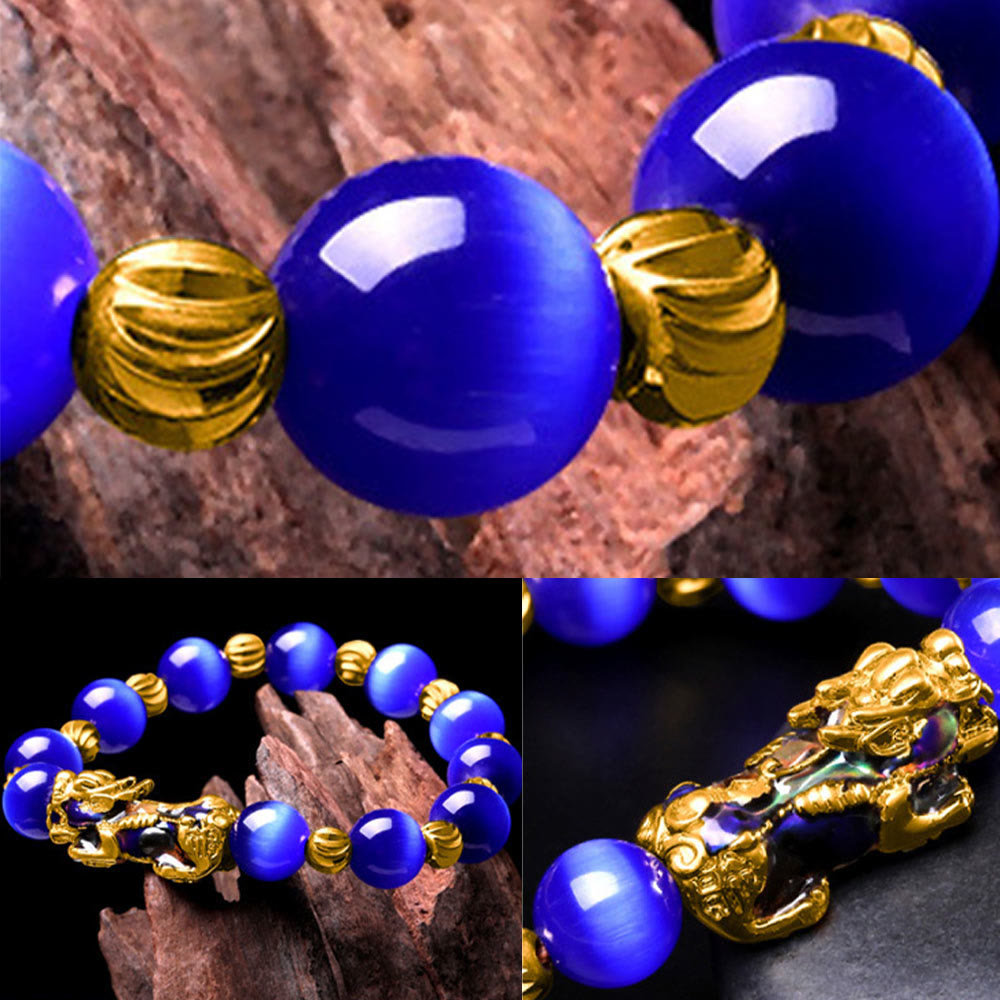 Color-Changing Cat's Eye and Copper Pixiu 10mm Beaded Bracelet