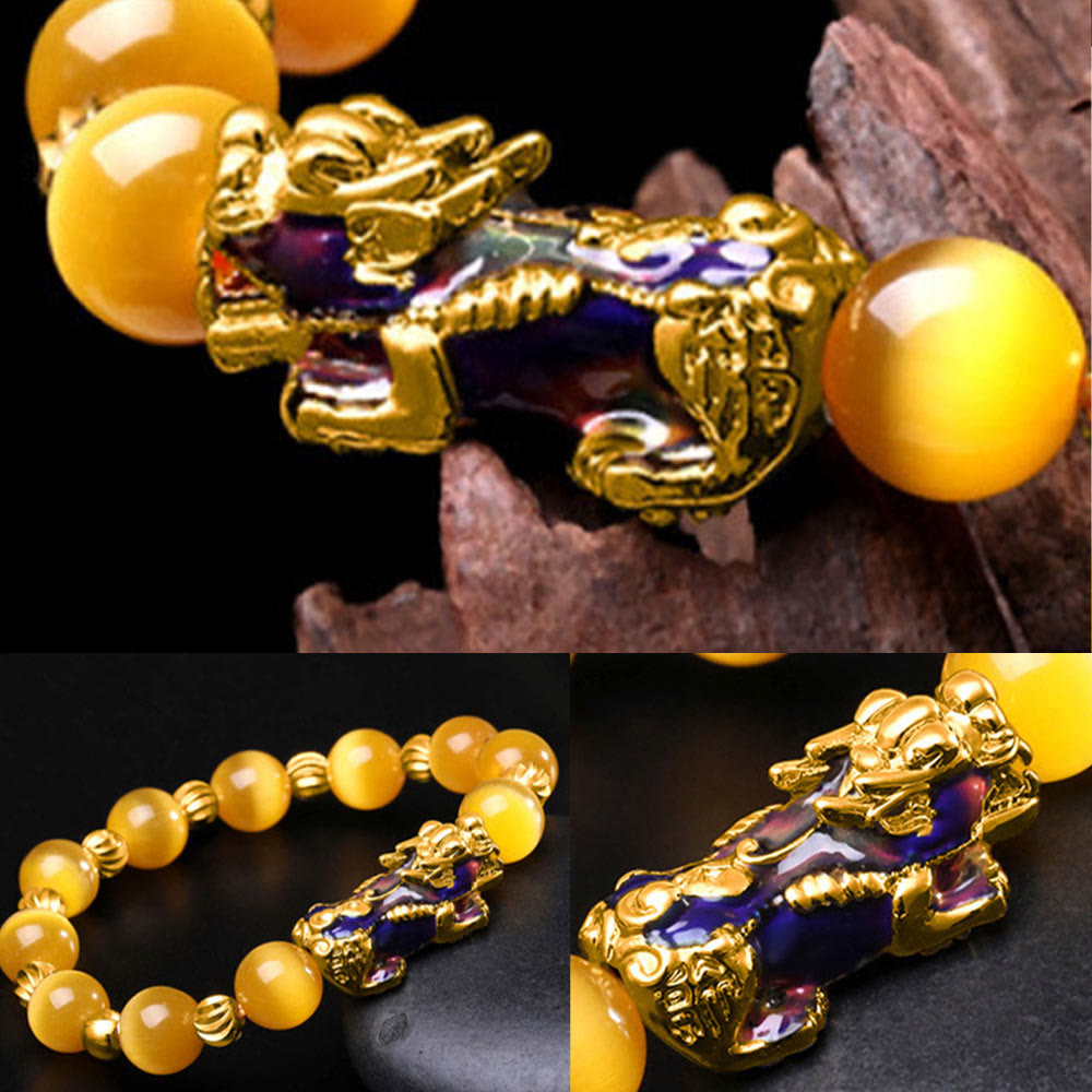 Color-Changing Cat's Eye and Copper Pixiu 10mm Beaded Bracelet