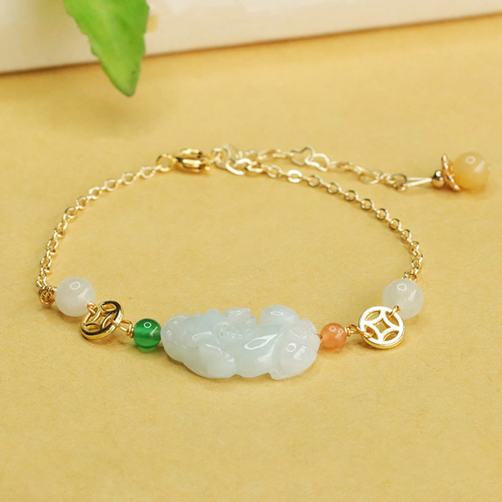 Natural Hand-Carved Jade Pixiu and Copper Coin Braided Chain Bracelet