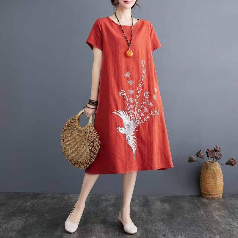 Summer Printing Phoenix Pattern Short Sleeve Cotton Linen Midi Dress