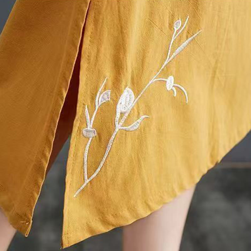Summer Printing Phoenix Pattern Short Sleeve Cotton Linen Midi Dress
