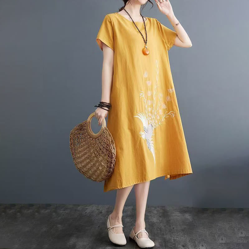 Summer Printing Phoenix Pattern Short Sleeve Cotton Linen Midi Dress