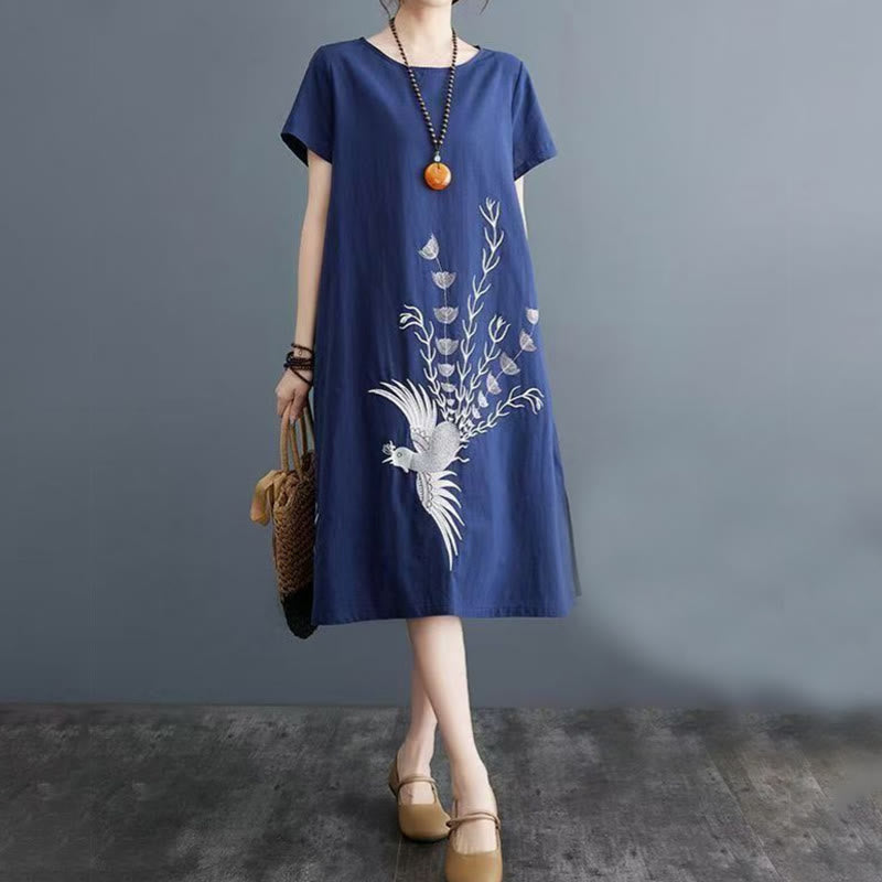 Summer Printing Phoenix Pattern Short Sleeve Cotton Linen Midi Dress