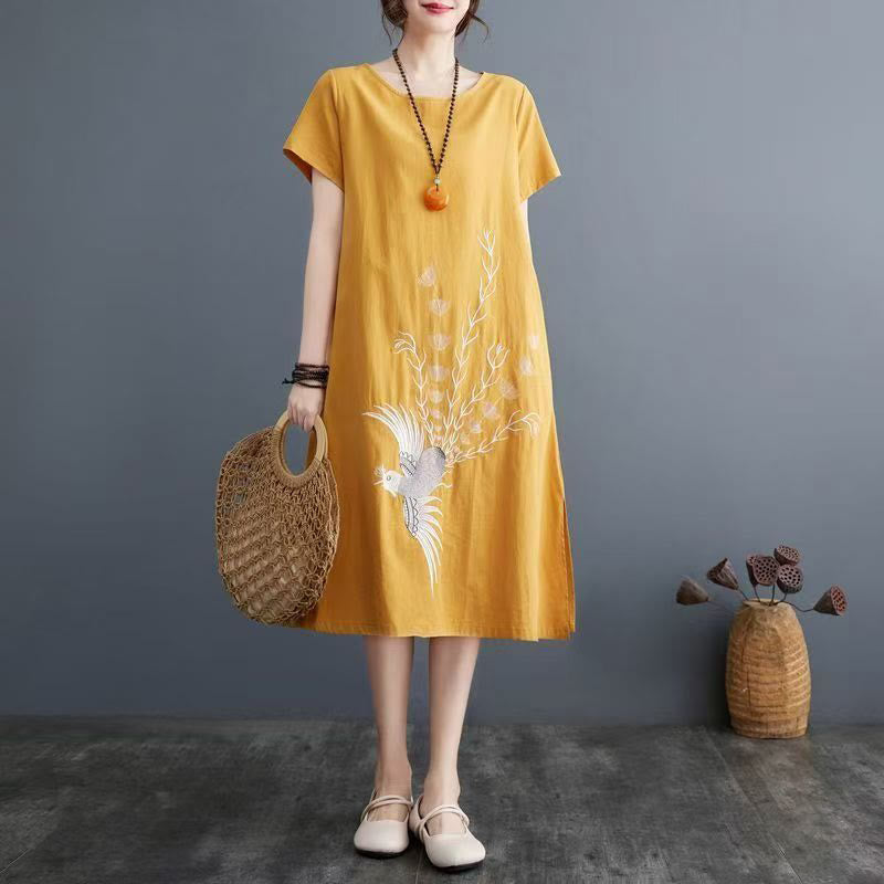 Summer Printing Phoenix Pattern Short Sleeve Cotton Linen Midi Dress