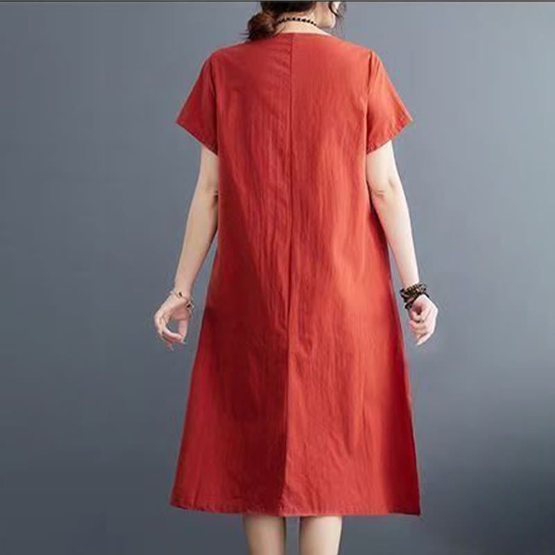 Summer Printing Phoenix Pattern Short Sleeve Cotton Linen Midi Dress