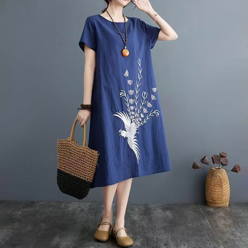 Summer Printing Phoenix Pattern Short Sleeve Cotton Linen Midi Dress
