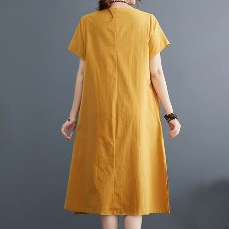 Summer Printing Phoenix Pattern Short Sleeve Cotton Linen Midi Dress