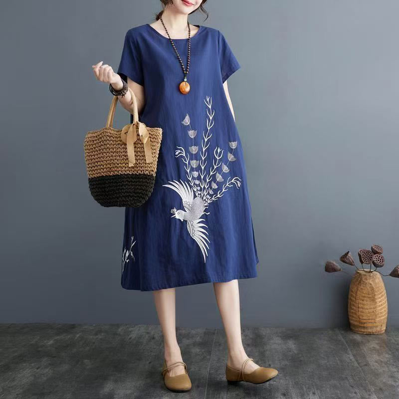 Summer Printing Phoenix Pattern Short Sleeve Cotton Linen Midi Dress