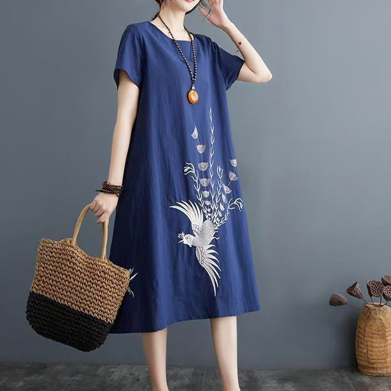 Summer Printing Phoenix Pattern Short Sleeve Cotton Linen Midi Dress