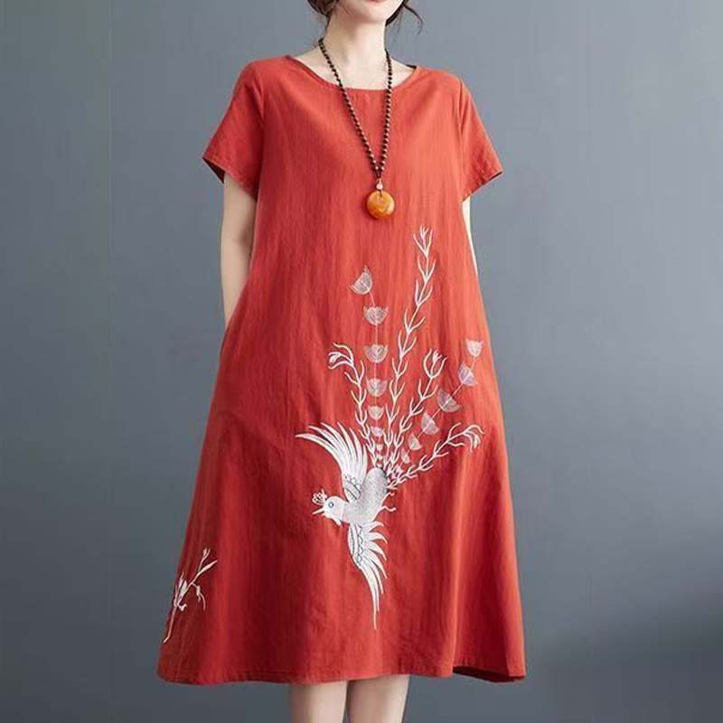Summer Printing Phoenix Pattern Short Sleeve Cotton Linen Midi Dress