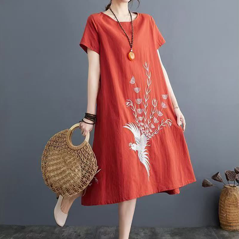 Summer Printing Phoenix Pattern Short Sleeve Cotton Linen Midi Dress