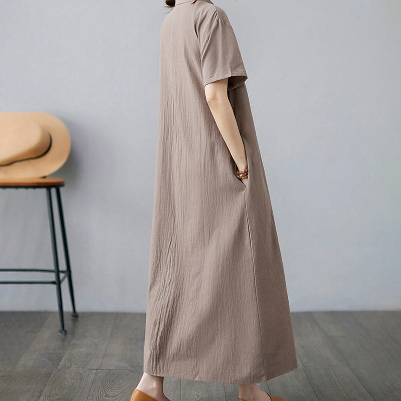 Casual Plain Side Lace-Up Lapel Short Sleeve Cotton Linen Midi Dress With Pockets