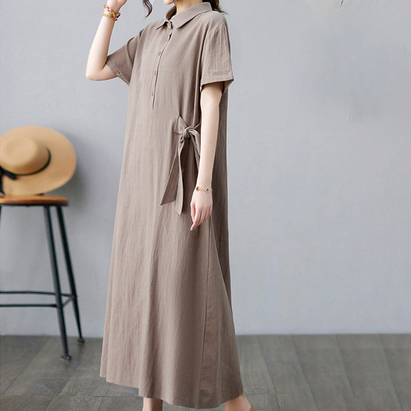 Casual Plain Side Lace-Up Lapel Short Sleeve Cotton Linen Midi Dress With Pockets