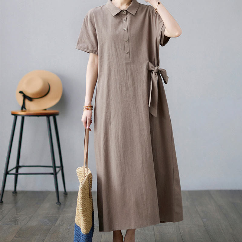 Casual Plain Side Lace-Up Lapel Short Sleeve Cotton Linen Midi Dress With Pockets