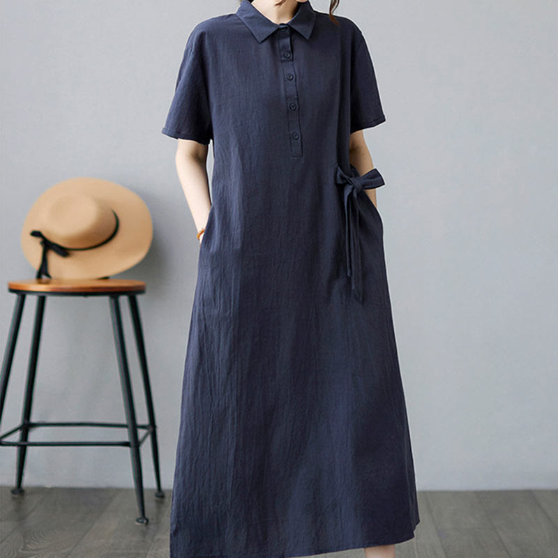 Casual Plain Side Lace-Up Lapel Short Sleeve Cotton Linen Midi Dress With Pockets