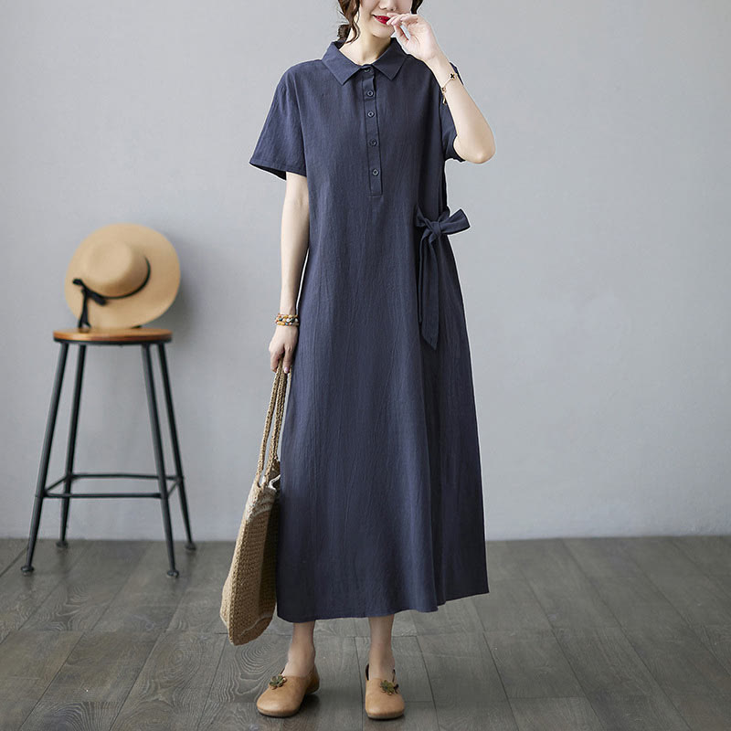 Casual Plain Side Lace-Up Lapel Short Sleeve Cotton Linen Midi Dress With Pockets