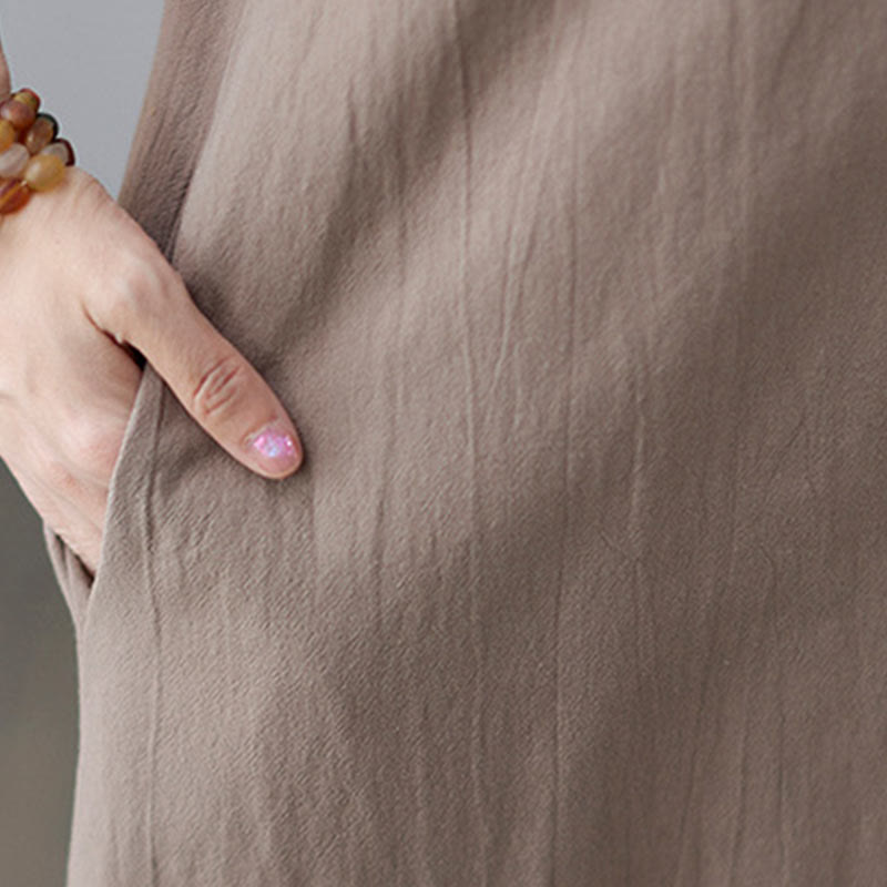 Casual Plain Side Lace-Up Lapel Short Sleeve Cotton Linen Midi Dress With Pockets