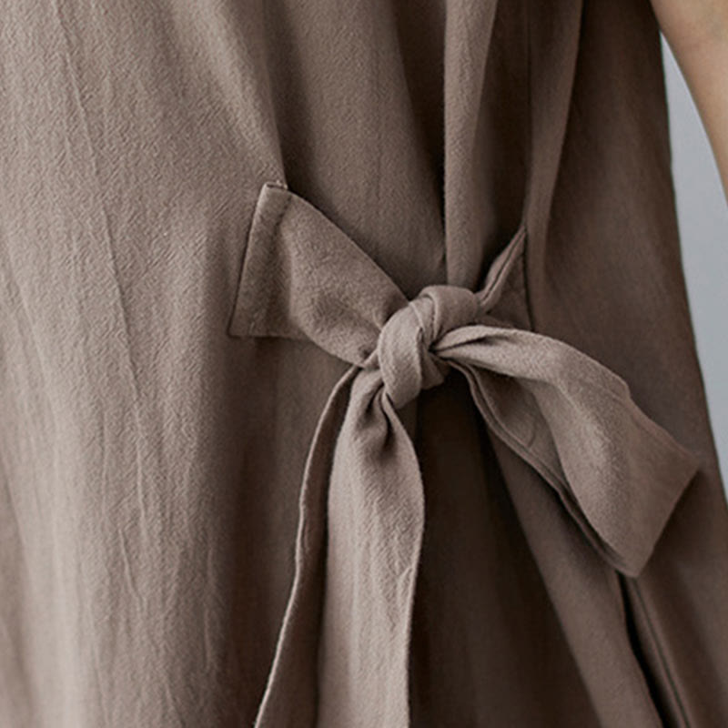 Casual Plain Side Lace-Up Lapel Short Sleeve Cotton Linen Midi Dress With Pockets
