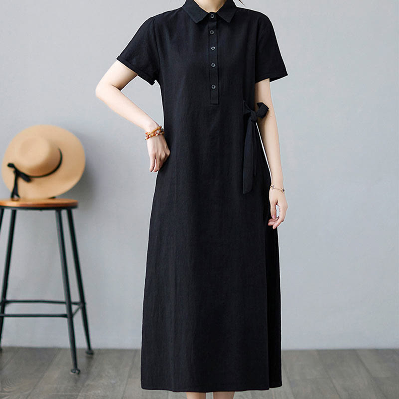 Casual Plain Side Lace-Up Lapel Short Sleeve Cotton Linen Midi Dress With Pockets