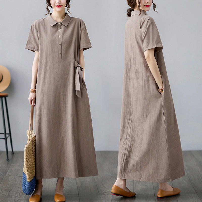 Casual Plain Side Lace-Up Lapel Short Sleeve Cotton Linen Midi Dress With Pockets