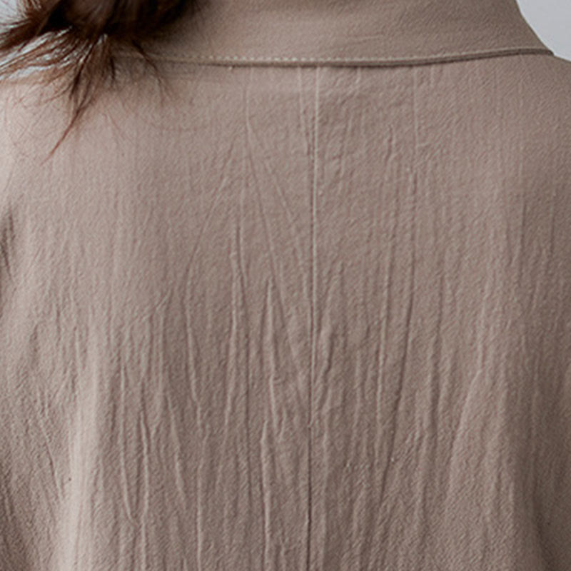 Casual Plain Side Lace-Up Lapel Short Sleeve Cotton Linen Midi Dress With Pockets