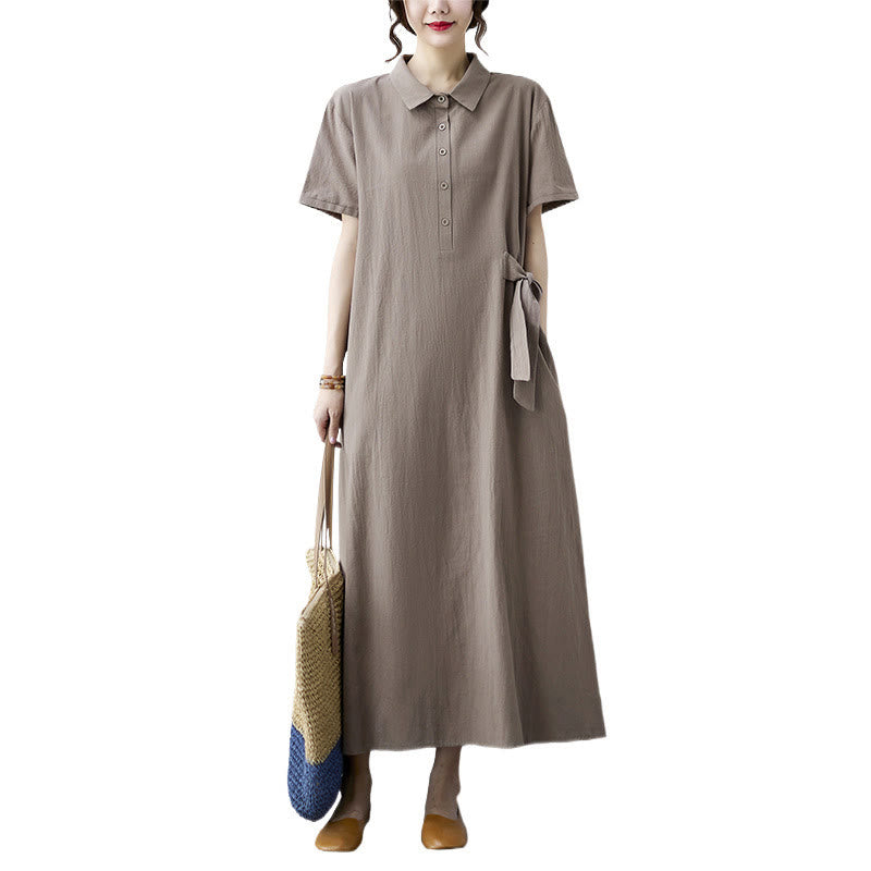 Casual Plain Side Lace-Up Lapel Short Sleeve Cotton Linen Midi Dress With Pockets
