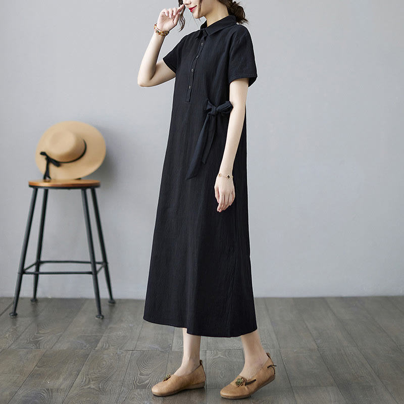 Casual Plain Side Lace-Up Lapel Short Sleeve Cotton Linen Midi Dress With Pockets