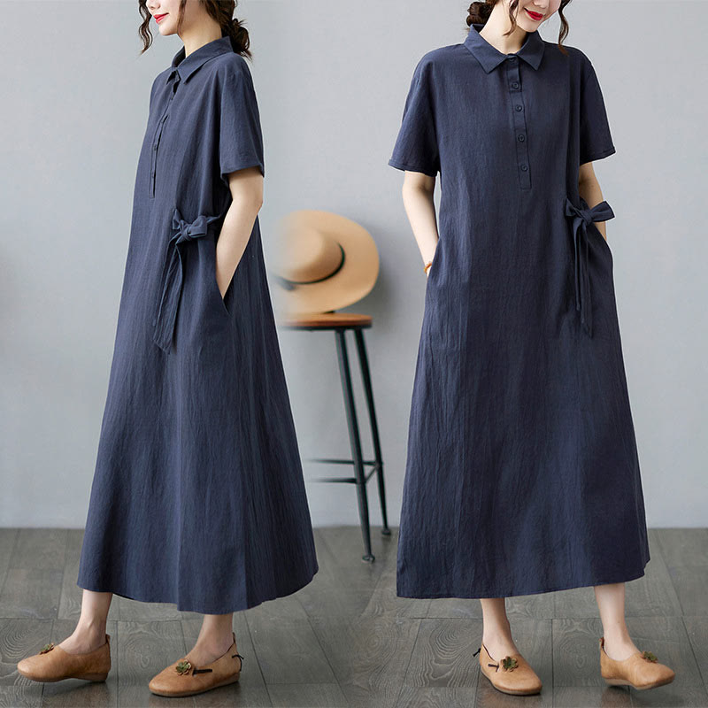 Casual Plain Side Lace-Up Lapel Short Sleeve Cotton Linen Midi Dress With Pockets