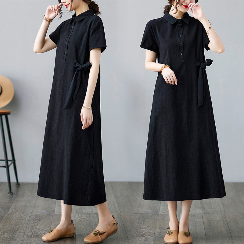 Casual Plain Side Lace-Up Lapel Short Sleeve Cotton Linen Midi Dress With Pockets