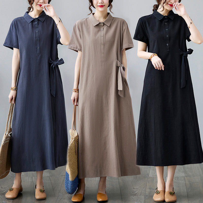 Casual Plain Side Lace-Up Lapel Short Sleeve Cotton Linen Midi Dress With Pockets