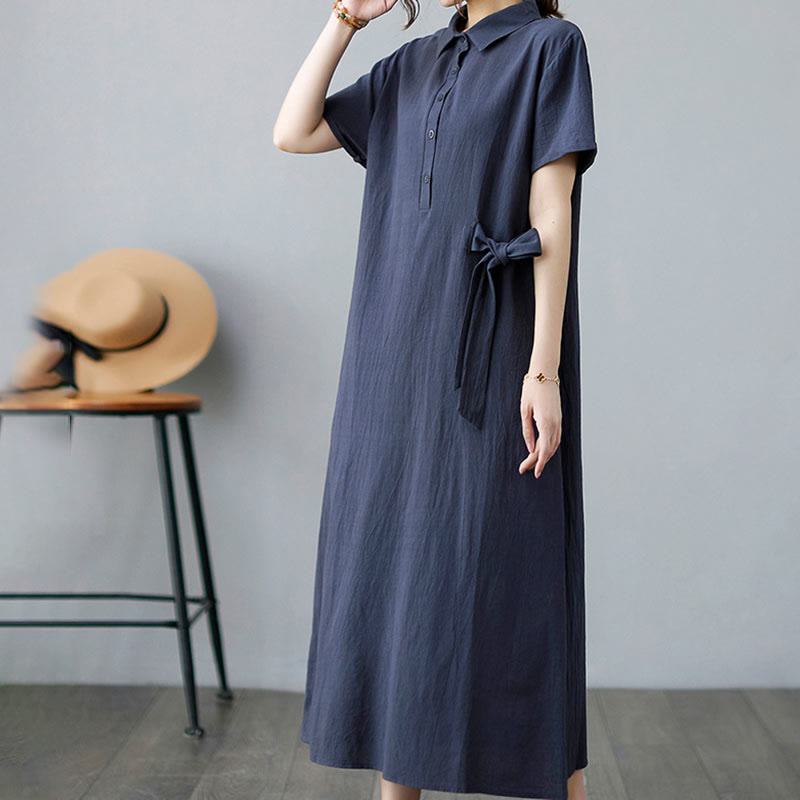 Casual Plain Side Lace-Up Lapel Short Sleeve Cotton Linen Midi Dress With Pockets