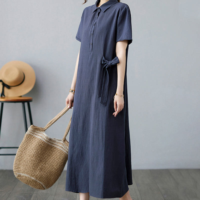 Casual Plain Side Lace-Up Lapel Short Sleeve Cotton Linen Midi Dress With Pockets