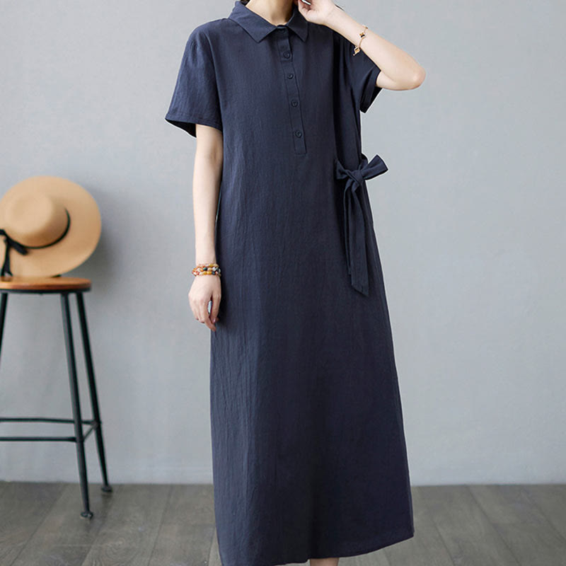 Casual Plain Side Lace-Up Lapel Short Sleeve Cotton Linen Midi Dress With Pockets