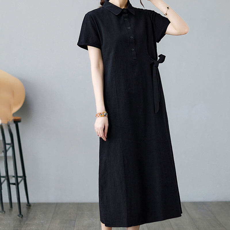 Casual Plain Side Lace-Up Lapel Short Sleeve Cotton Linen Midi Dress With Pockets