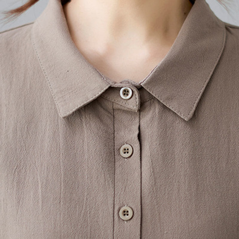 Casual Plain Side Lace-Up Lapel Short Sleeve Cotton Linen Midi Dress With Pockets