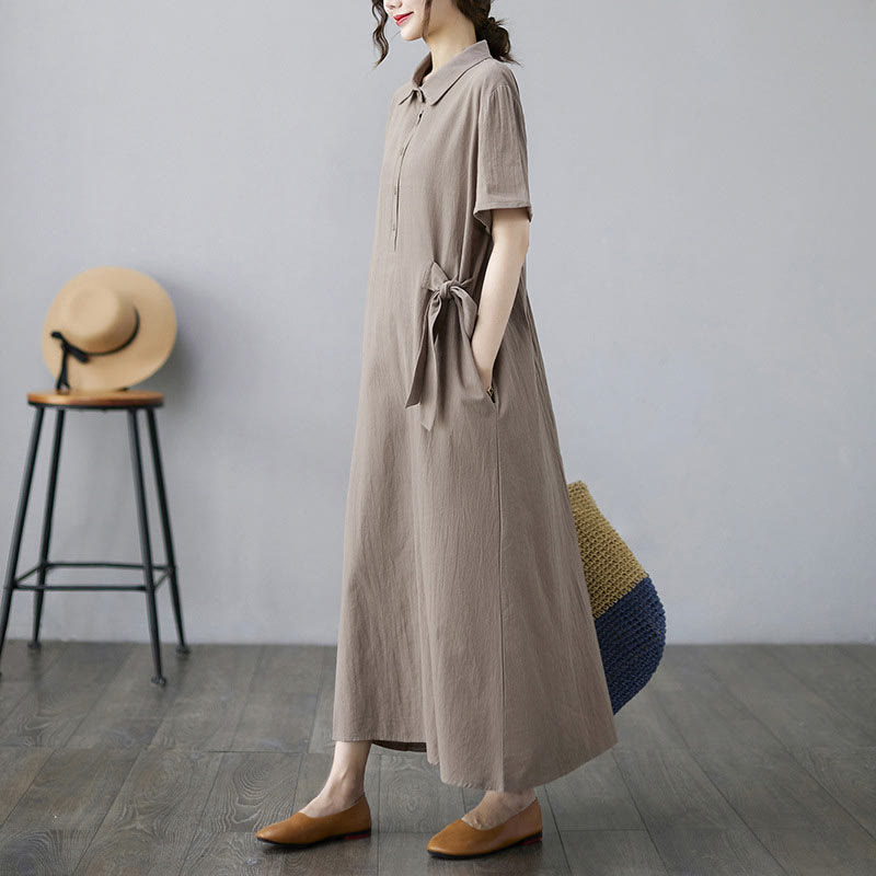 Casual Plain Side Lace-Up Lapel Short Sleeve Cotton Linen Midi Dress With Pockets