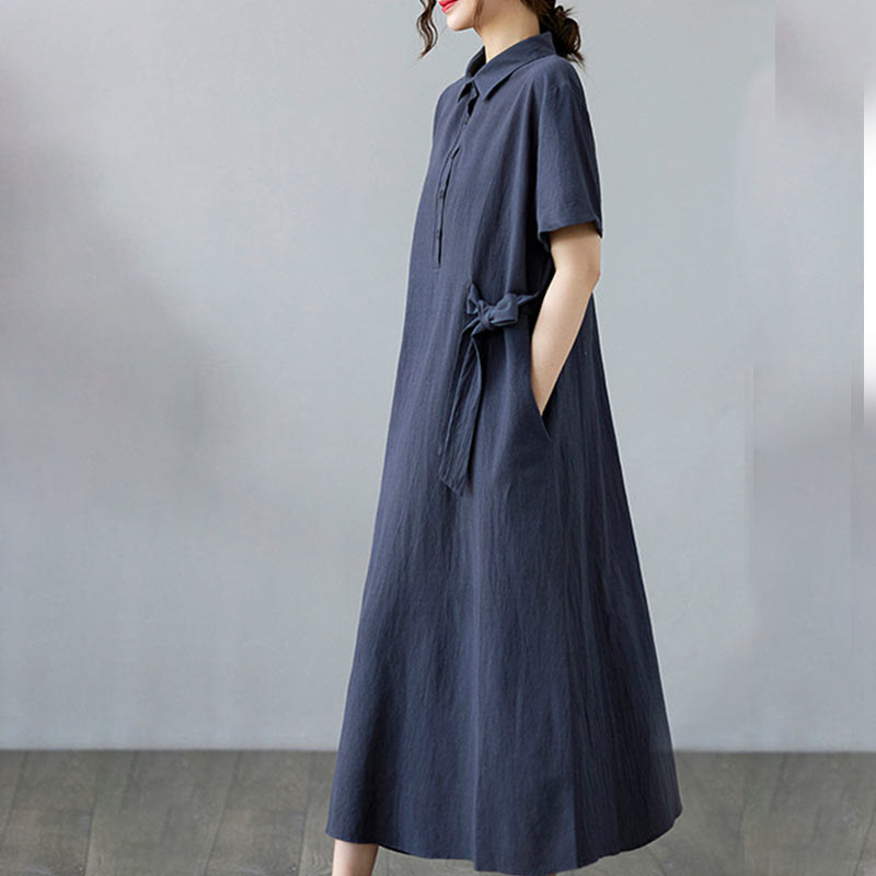 Casual Plain Side Lace-Up Lapel Short Sleeve Cotton Linen Midi Dress With Pockets