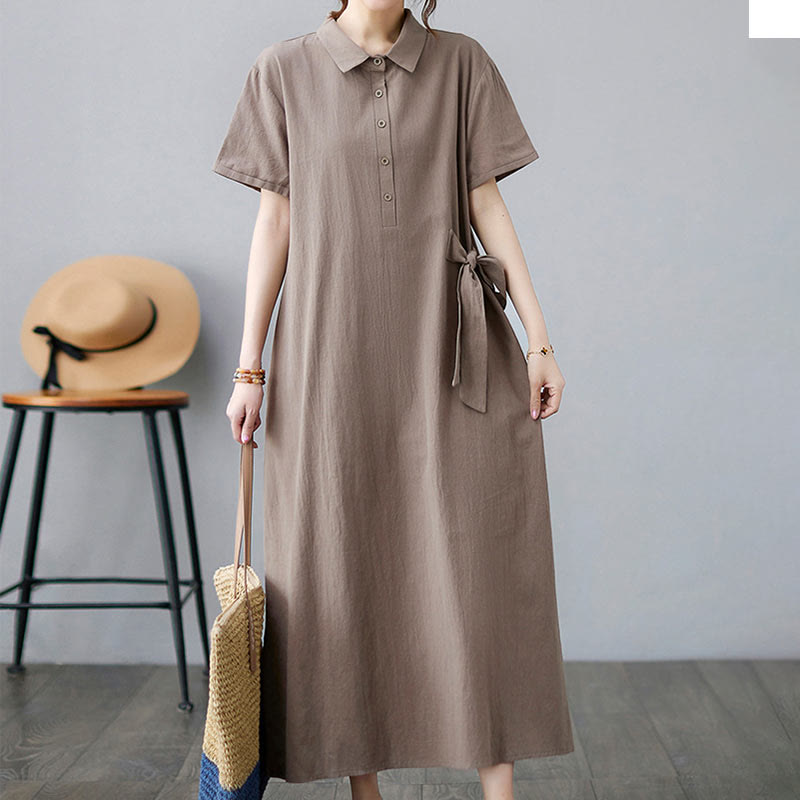 Casual Plain Side Lace-Up Lapel Short Sleeve Cotton Linen Midi Dress With Pockets