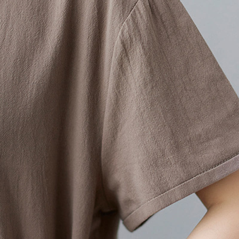 Casual Plain Side Lace-Up Lapel Short Sleeve Cotton Linen Midi Dress With Pockets