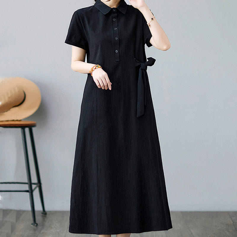 Casual Plain Side Lace-Up Lapel Short Sleeve Cotton Linen Midi Dress With Pockets