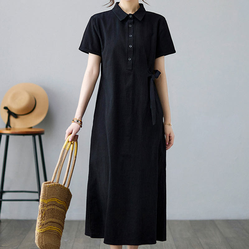 Casual Plain Side Lace-Up Lapel Short Sleeve Cotton Linen Midi Dress With Pockets