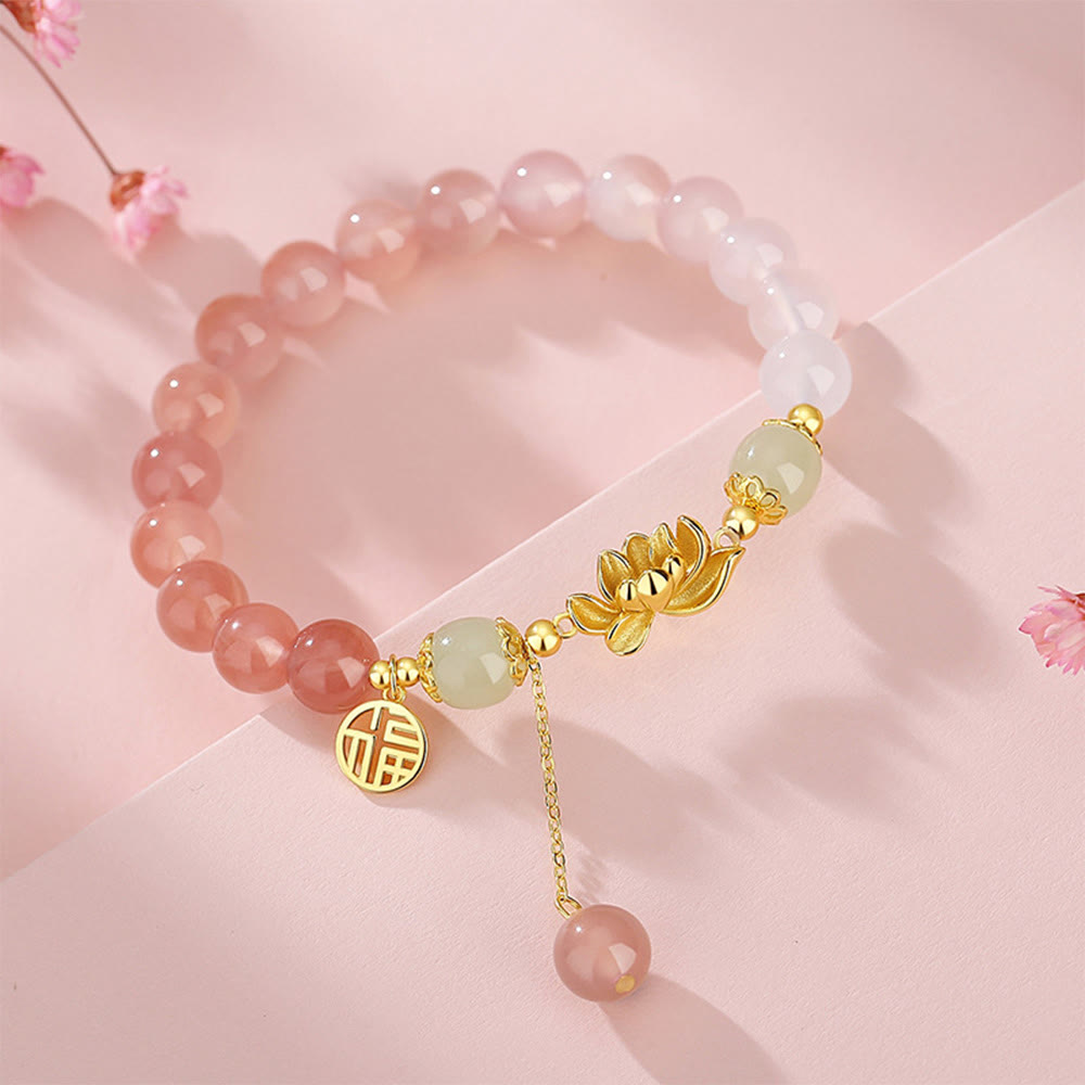 925 Sterling Silver Lotus & Fu Character Bracelet with Gradient Agate and Hetian Jade